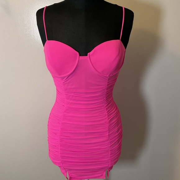 19. Privy Hot Pink Mini Spaghetti Straps Ruched Bodycon Dress Size Medium - Picture 2 of 5